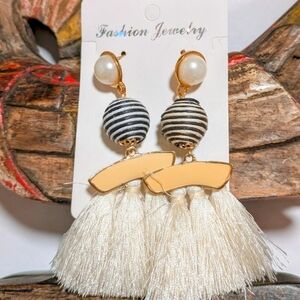 Striped Black and White Tassel Earrings